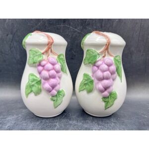 Vtg Ceramic Grape Salt Pepper Shakers White Purple Grape Embossed Ceramic 3.75"